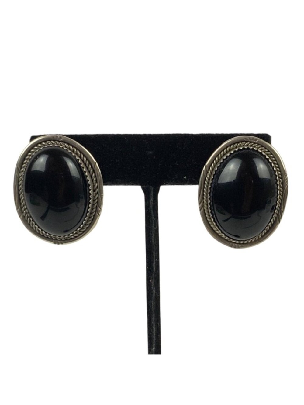 Signed BF Navajo Black Onyx & 925 Sterling Silver Rope Trim Oval Post Earrings